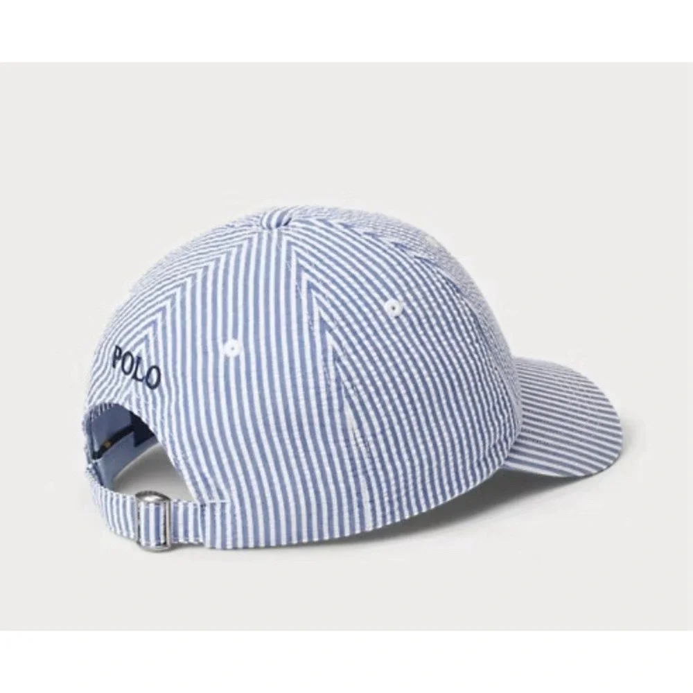 Polo Ralph Lauren Seersucker Ball Cap Hat Blue Stripe 100% Cotton NEW